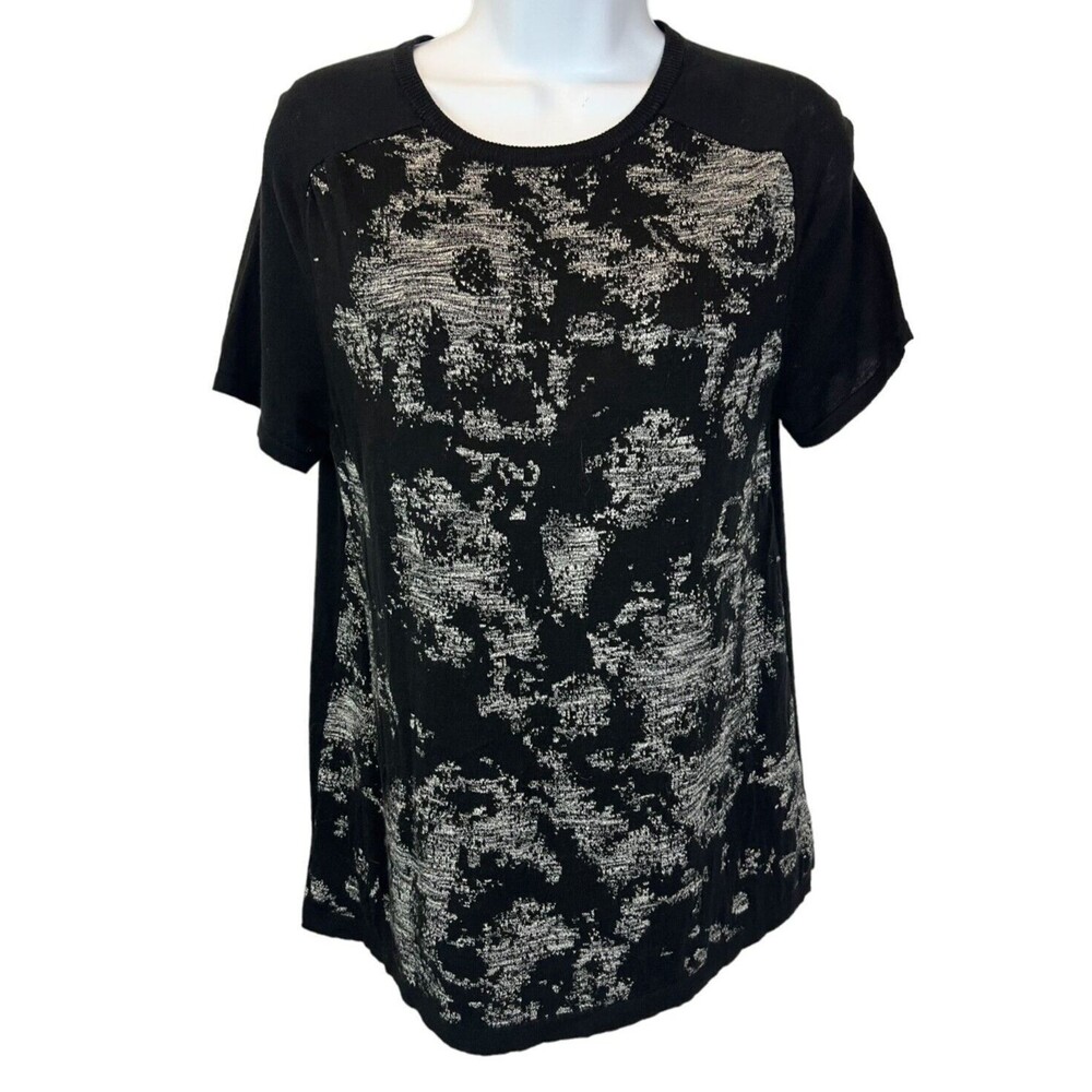 Mossimo Black Floral Short Sleeve Knit Top Sweater Size L Office Casual